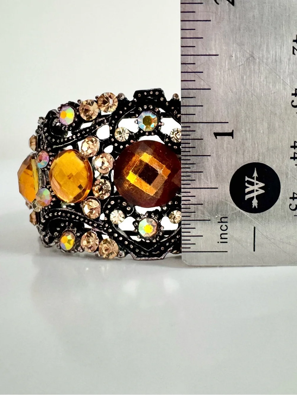 Amber Crystal Metal Cuff Bracelet Scrollwork Iridescent Rhinestone